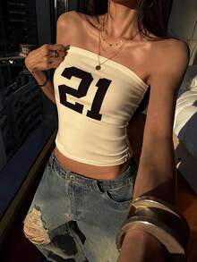 女款抹胸上衣 夏季新款數位印花 美式辣妹風 時尚休閒百搭露背修身短版上衣 白色 - 白色 - 查看 9