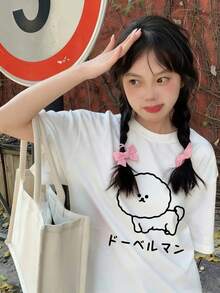 Japanese Style Women's Loose Round Neck Cartoon Print Short Sleeve T-Shirt, Summer White Casual - White - View 2