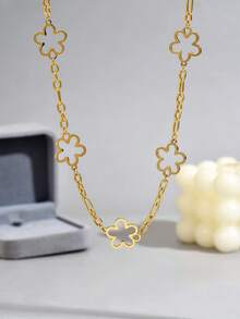 LIEBEIRIS 1pc 18K Gold Plated Hollow Flower Stainless Steel Necklace, Suitable For Women's Daily Wear And Gift - Yellow Gold - View 2