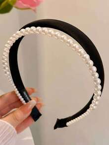 1pc High Crown Washing Face Headband, Versatile High Crown Pressure Faux Pearl Sponge Double-Layer Fine Hair Hoop, Elegant Faux Pearl Hair Hoop Hairband - Multicolor - View 3