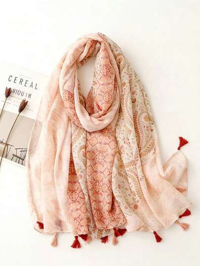 波西米亚风花卉印花流苏围巾 | 90x180厘米 女士轻盈披肩 柔软裹身 复古花卉印花：采用柔和的粉色和米色调，饰以精致的波西米亚花卉图案，打造永恒优雅的女性魅力。轻盈透气：采用轻薄透气的面料制成，适合所有季节叠穿。