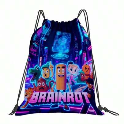 1个 Brainrot 卡通印花牛津布背包 - 柔软抽绳运动包，带实用口袋，设计时尚，可机洗，适合健身、瑜伽、旅行等场合。