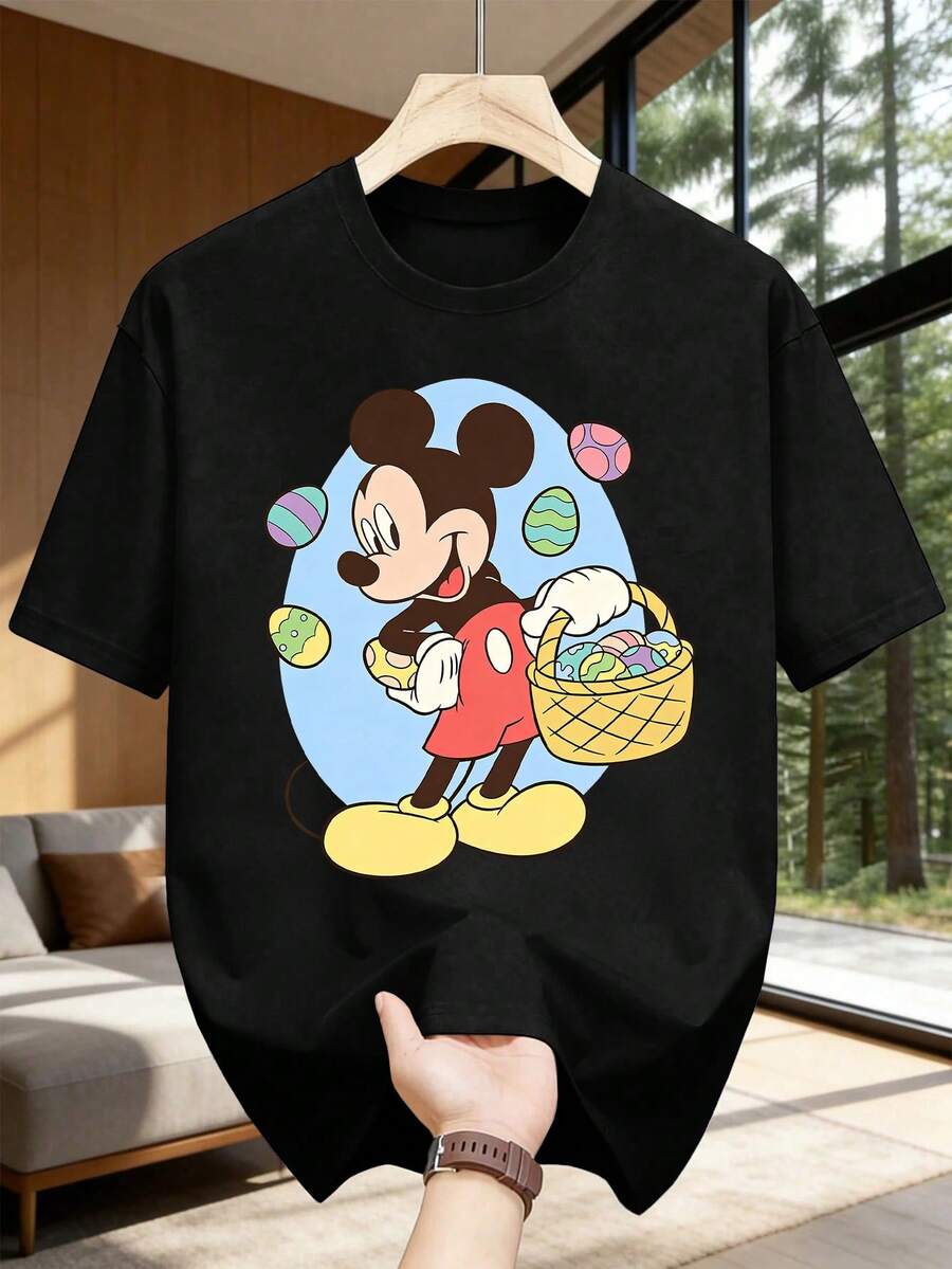 Disney Womens Casual Cotton Short Sleeve Round Neck Regular Fit T-Shirt With Mickey Mouse Easter Print - 黑色 - 查看 1