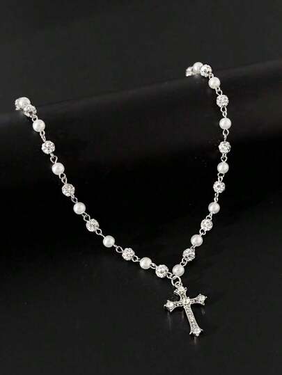 Vintage Elegant Minimalist Cross Decor Faux Pearl Necklace, Men's Hip-Hop Punk Charm Jewelry YGJU