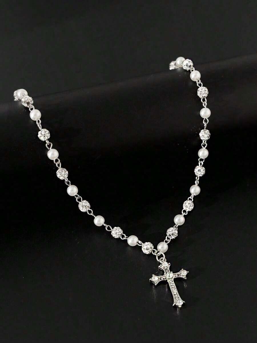 1PC Vintage Elegant Minimalist Cross Decor Faux Pearl Necklace, Men's Hip-Hop Punk Charm Jewelry - 銀色 - 查看 1