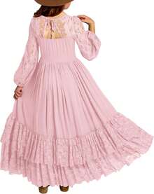 2026 Girls Elegant Lace Flower Boho Dress Long Sleeve Backless Square Neck Ruffle Party Maxi Dress - 01 Pink - View 12