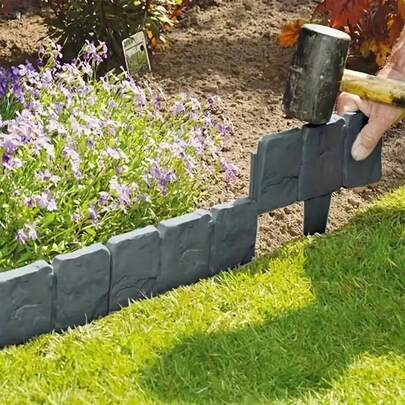 10 piezas de bordes de valla de jardín de plástico gris entrelazados | Diseño de piedra artificial duradero, sin necesidad de cavar para el borde del paisaje, adecuado para césped, terraza, camino, patio, balcón - Fácil de instalar y resistente a la intemperie