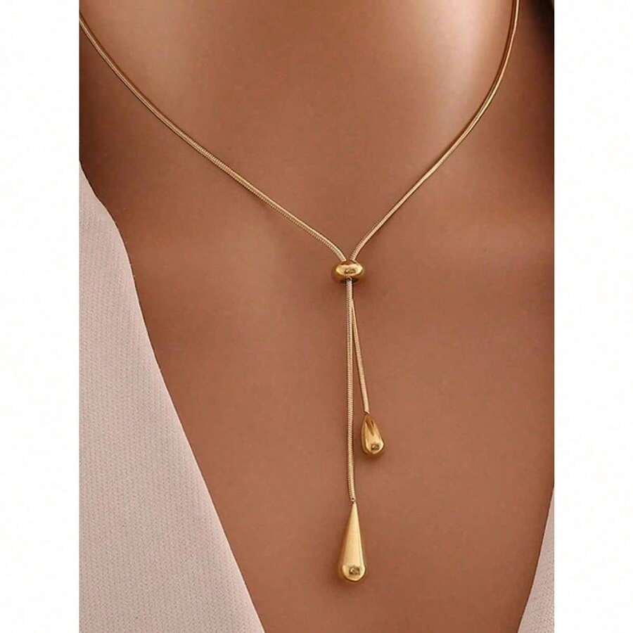 1pc Stainless Steel Retro Minimalist High-End Metallic Water Drop Pendant Necklace - Vàng vàng - Xem 1