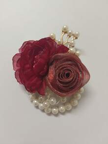 1件优雅腕花手链，饰以苔绿色山茶花和米色玫瑰，串珠设计，适合新娘、伴娘、婚礼、派对、日常佩戴 - 紅色+紅色 - 查看 3