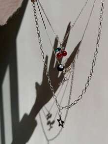 3pcs Leopard & Cherry Necklace Set, 8-BaII Billiard Dice Charm Necklace, Red Cherry Necklace, Fashionable Star Necklace, Classic Leopard Necklace - Vàng - Xem 4