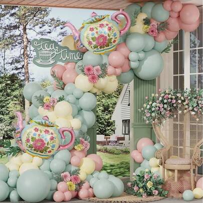 Tea Party Decorations: 103 Items. Lightweight Tea Party Balloon Arch And Wreath Set, Featuring Polyester Film Balloons In Pink And Green Tea Pots, Suitable For "Let's Have A Tea Party" Themed Birthday, Christening, Gender Reveal, Spring Garden Or Tea Party Decoration (Tea Party) Events For Women.