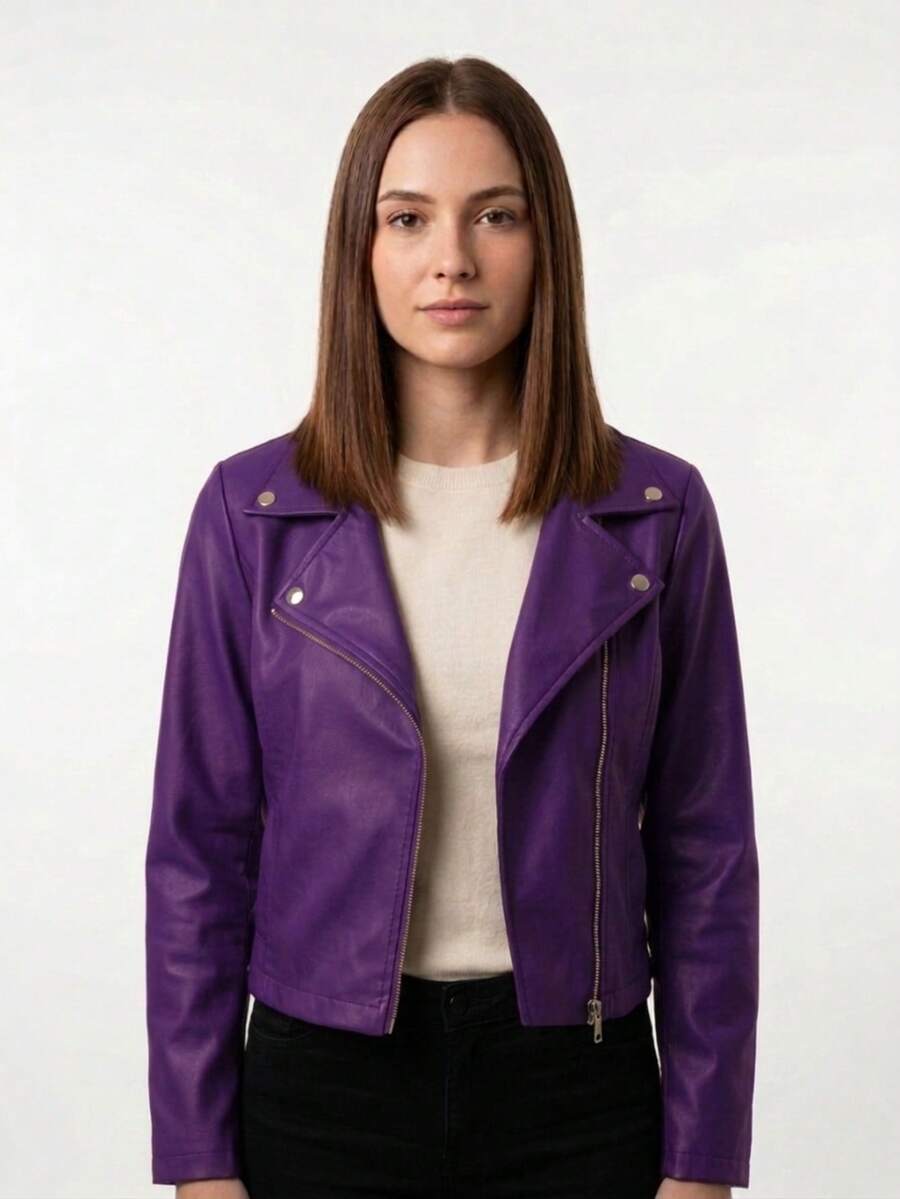 Women's Faux Leather Jacket With Decorative Pockets, Casual Or Elegant Style, Sizes S To XL - Tử đinh hương - Xem 1