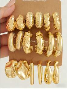 6-18pcs Fashionable Asymmetrical Shaped Earring Set, Lightweight CCB Material, C-Shape And Teardrop Design, Versatile Daily Wear For Women - Yellow Gold - View 6