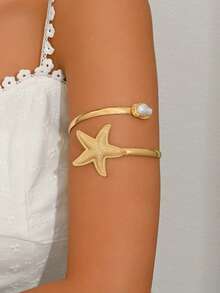 1pc Bohemian Style Starfish Faux Pearl Inlaid Gold Tone Arm Cuff, Suitable For Women's Daily Wear, Beach Vacation, Party - Multicolor - View 2
