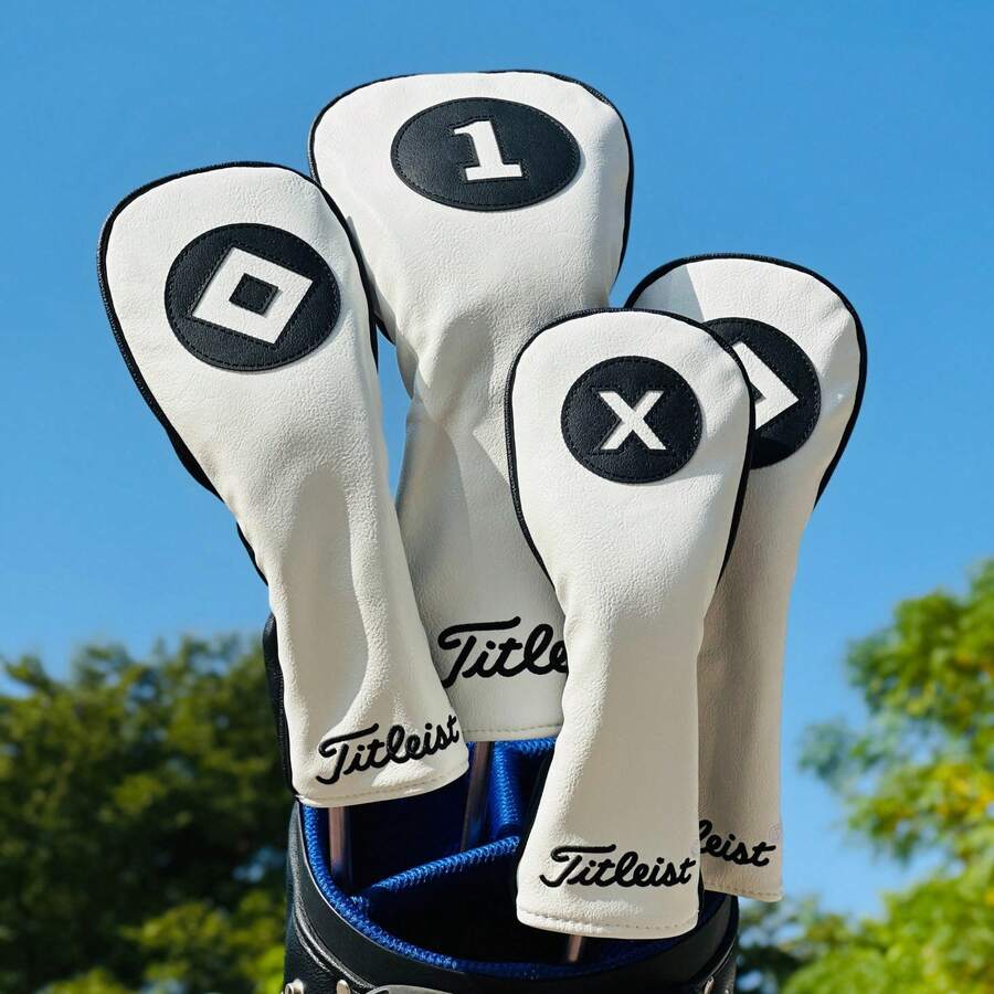 New Numeric Design Wooden Shaft Head Cover, Mixed Golf Club Head Cover, PU Leather Golf Club Head Cover - White - View 1