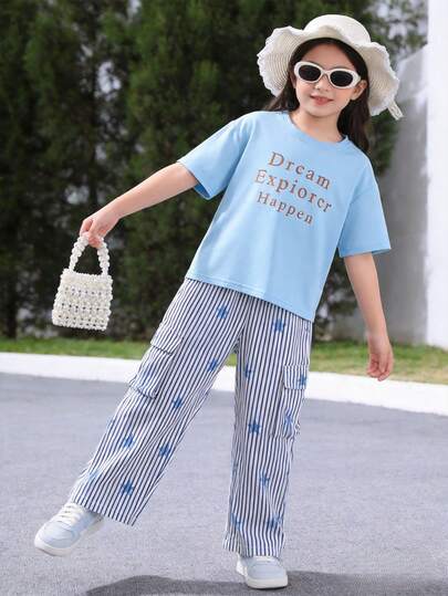 女童夏季字母印花T恤和条纹星星印花工装裤两件套