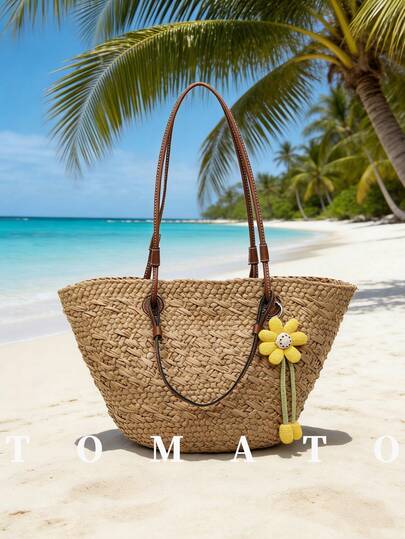 1pc New Woven One Shoulder Bag, Large Capacity Straw Casual Tote Bag, No Pendant Included, Fashionable Vacation Beach Bag
