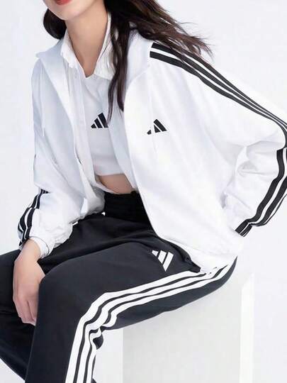  Adidas 3-Stripes Light Sport Casual Hooded Loose Striped Jacket, Women's, White