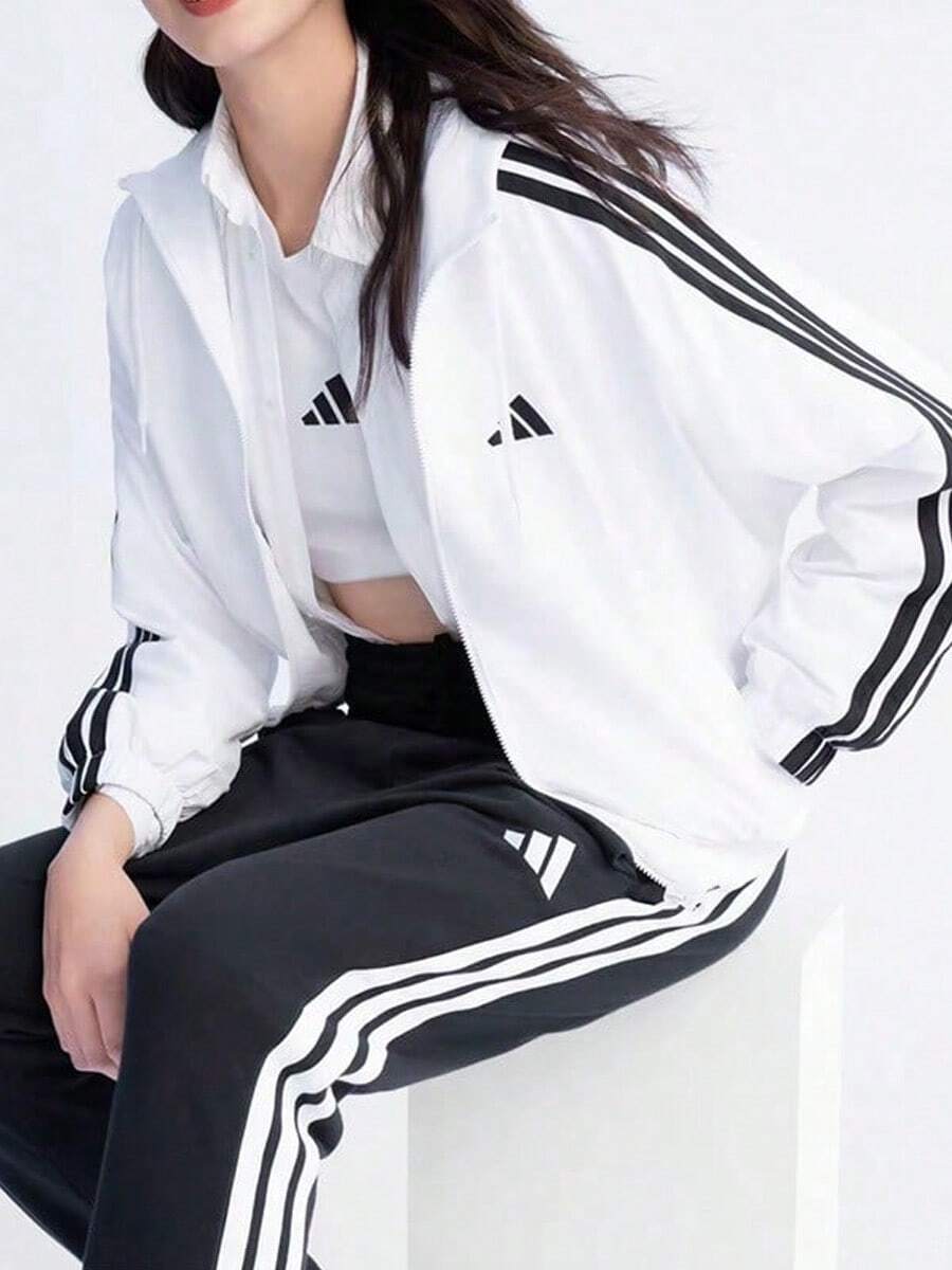 adidas 3-Stripes 輕運動休閒連帽寬鬆條紋夾克外套 女款 白色 - 白色 - 查看 1