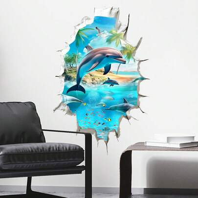 1pc 3D Wall-Breaking Dolphin Sticker, Dolphin Beach Coconut Grove Wall Decal, Suitable For Bedroom, Living Room, Study Decoration, Removable S