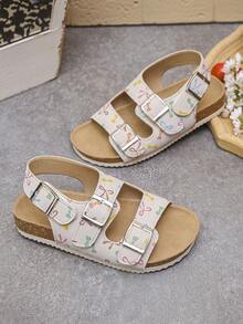 Dép xăng đan đế bằng in họa tiết graffiti dễ thương cho bé gái, có khóa dán điều chỉnh, đế mềm nhẹ chống trơn trượt, thích hợp cho mùa hè. - Màu be - Xem 1