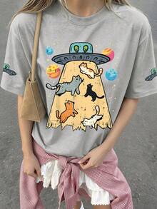 Girls' Spaceship & Kitty Planet Print Round Neck Short Sleeve T-Shirt, New Arrival Summer & Spring - Grey - View 1