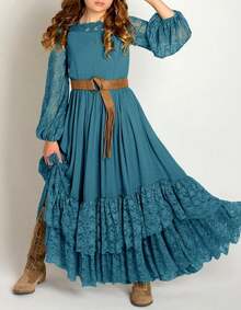 2026 Girls Elegant Lace Flower Boho Dress Long Sleeve Backless Square Neck Ruffle Party Maxi Dress - 04 藍綠色 - 查看 2