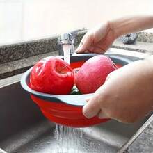 Set Of Round Silicone Kitchen Colanders - 1 Large, 1 Small, Foldable Funnel, Suitable For Draining Pasta, Vegetables And Fruits (Green, Red, Blue) - Style a - View 7