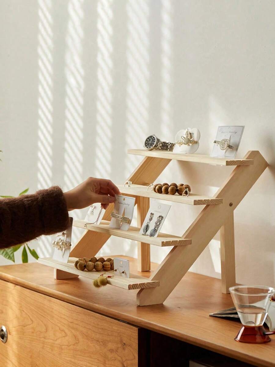 1pc Wooden Stepped Jewelry Display Stand, Creative Earring Ring Necklace Organizer, Multi-Layer Jewelry Holder, Tabletop Display Rack For Live Streaming, Craft Collection