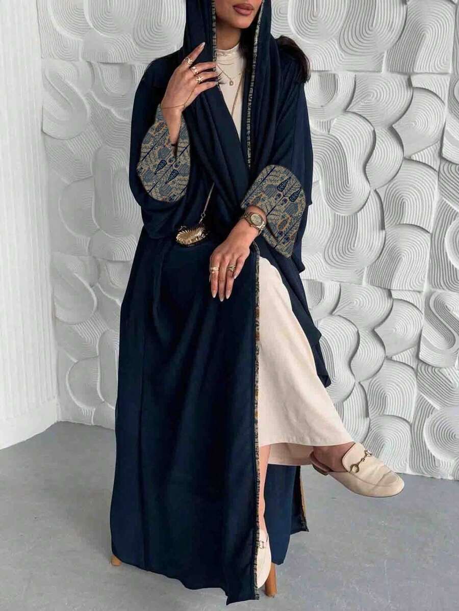 Bộ 2 món: Áo khoác dài cardigan in hoa bằng polyester + Khăn choàng in họa tiết bằng chiffon, phù hợp cho mọi mùa xuân. - Màu xanh hải quân - Xem 1