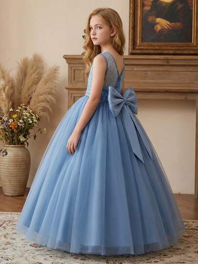 Vestido largo azul grisáceo para niñas con gran lazo, cuello en V y falda de tul para fiesta de cumpleaños, banquete o baile