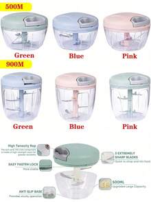900ml Extra Large Capacity Manual Food Chopper, Vegetable Chopper, Garlic Chopper, Pull Cord Style Manual Food Processor, Comes With 5 Sharp Blades To Chop Onions, Peppers, Ginger And More - Multicolor - View 10
