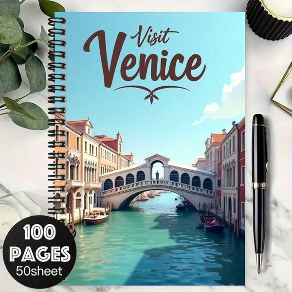 1pc Venice Style Spiral Notebook, Cover Featuring Classic Venetian Bridge And Canal Scenery. 100 Page High Capacity, 50 Sheets. Suitable For Work Records, Study Notes, Daily Planning, And Also Makes A Thoughtful Graduation Or Birthday Gift. Great For Journaling And Memo Writing.