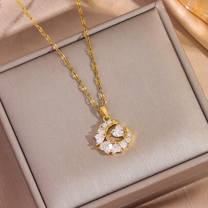 1pc 18K Gold Plated Luxury Sparkling Zirconia Embedded Moon Necklace, Fashionable Stainless Steel Choker Necklace Suitable For Daily Wear