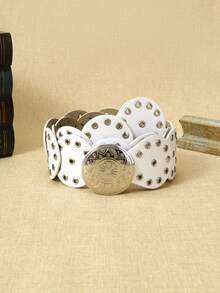 1条女士白色拼接圆形扣PU皮革腰带，波西米亚风格花卉扣，适合休闲、派对、时尚百搭的日常穿着 - 白色 - 查看 6