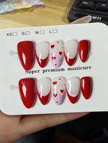 10片纯手工制作的按压式美甲，短款杏仁形美甲，红色美甲，可爱酷炫的辣妹风，白色底红色法式手绘爱心，简约可爱，适合女性和女孩，春夏秋冬节日派对及日常生活使用。 - 紅色 - 查看 1
