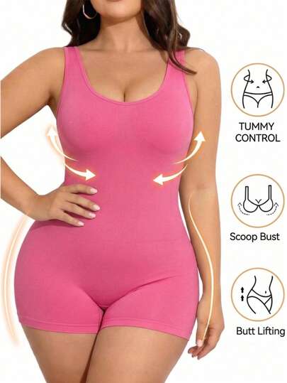 1pc Women's Seamless Shapewear In Hot Pink, Abdomen Slimming, Bust & Buttocks Lifting, Mid-Thigh Jumpsuit, Suitable For Party And Daily Wear