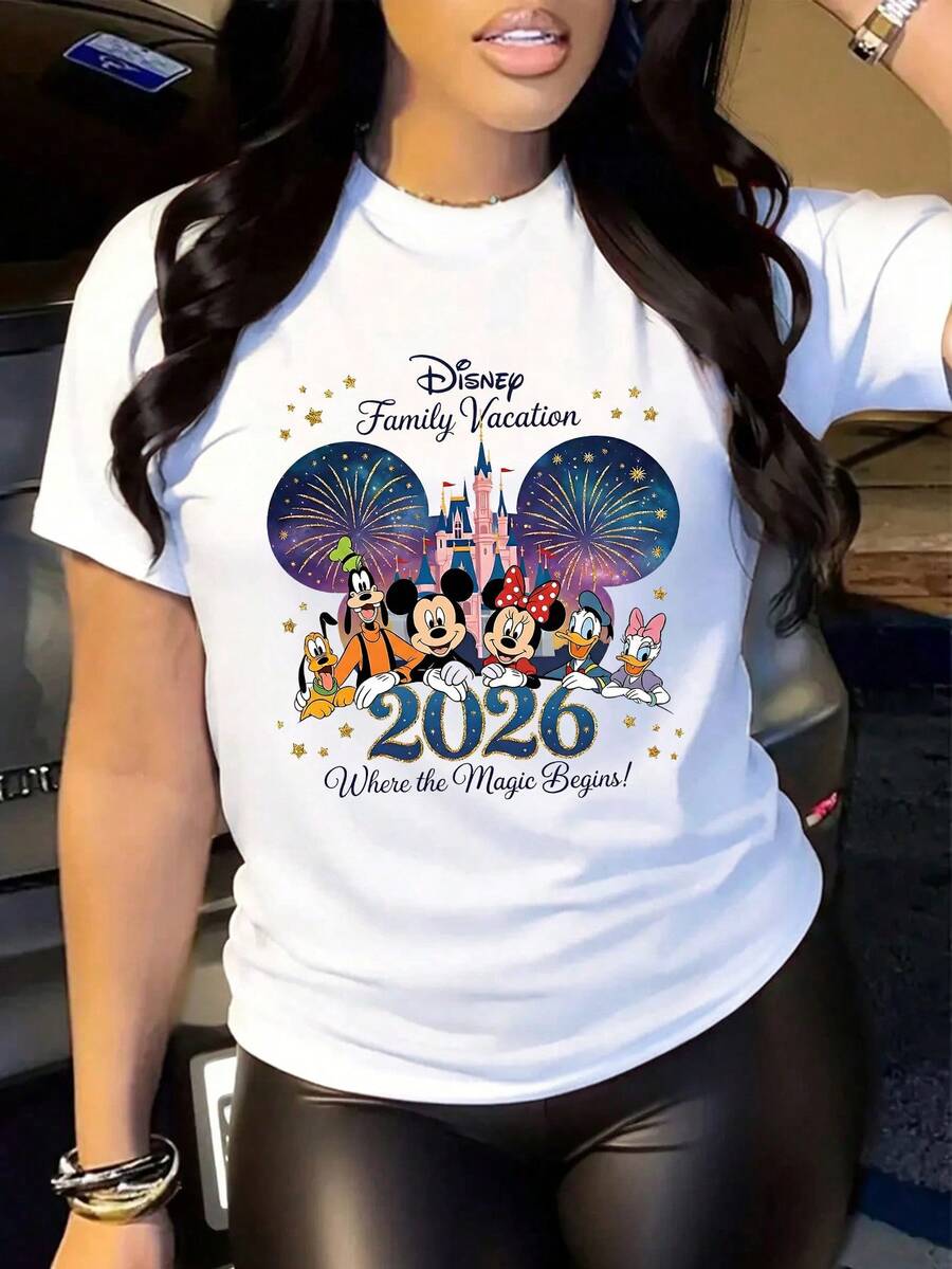 Casual Women's Disney Family Vacation 2026 Cotton Short Sleeve Round Neck T-Shirt, Men's Sizes Suitable For The Whole Family - trắng - Xem 1