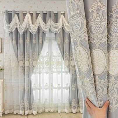 1件欧式奢华双层荷叶边薄纱窗帘，荷叶边顶部设计，黑色底衬，轻盈透气，100%遮光，公主风卧室窗帘，适用于儿童房、客厅、卧室、儿童房，装饰性窗帘