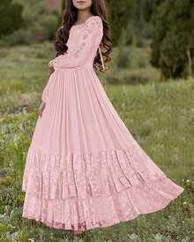 2026 Girls Elegant Lace Flower Boho Dress Long Sleeve Backless Square Neck Ruffle Party Maxi Dress - 01 Pink - View 2