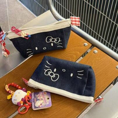 SANRIO 1pc Denim Kitty Cute Girl Pencil Case, Large Capacity Stationery Storage Bag For Students, Desktop Organizer (Accessories Not Included)