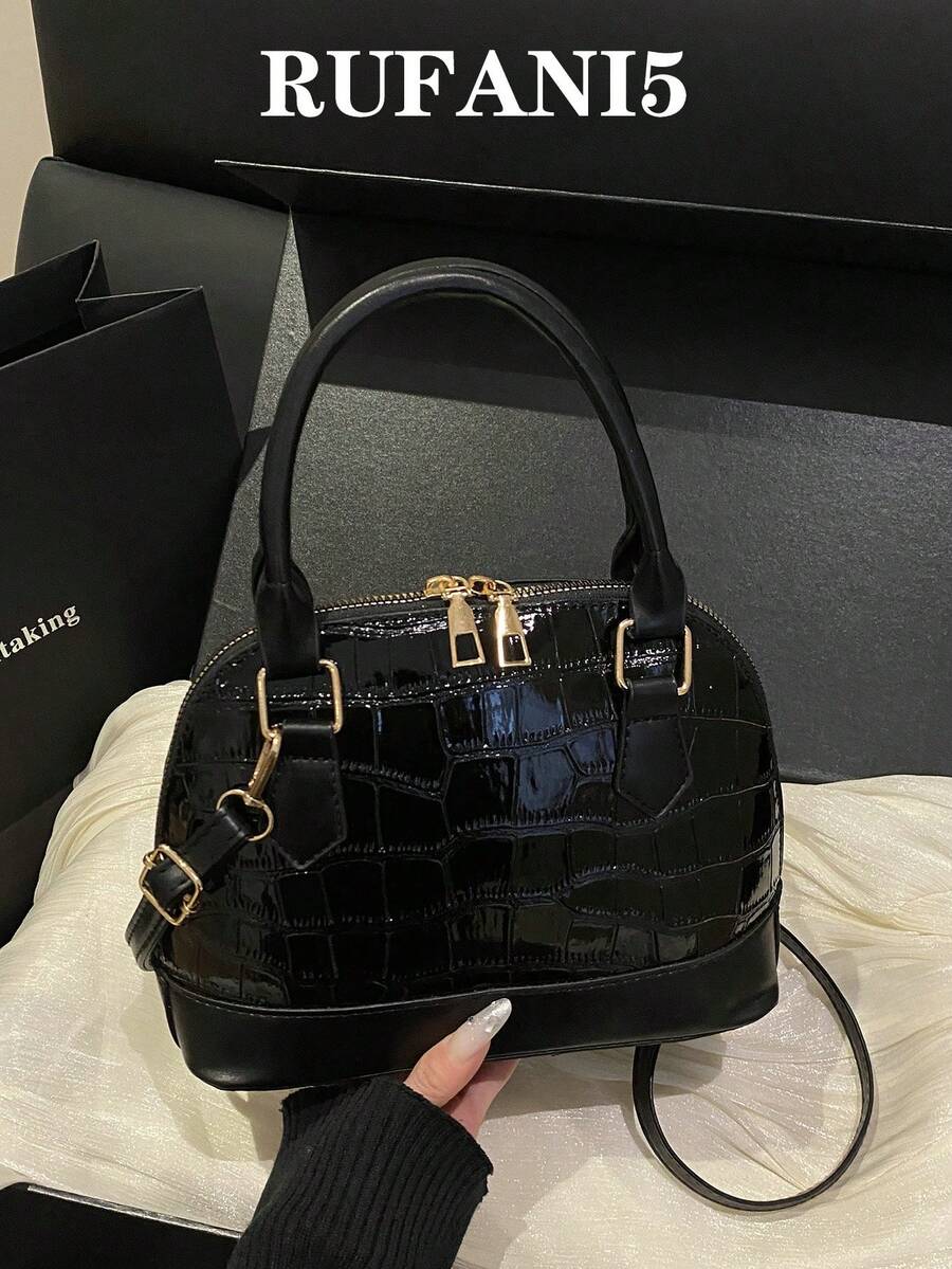 Fashionable Solid Color Embossed Handbag - Black - View 1