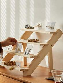 1pc Wooden Stepped Jewelry Display Stand, Creative Earring Ring Necklace Organizer, Multi-Layer Jewelry Holder, Tabletop Display Rack For Live Streaming, Craft Collection - Beige - View 9