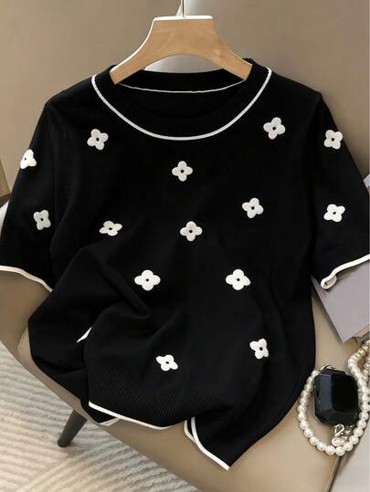 New Arrival Floral Round Neck Loose Short Sleeve Knit Top Casual Vacation