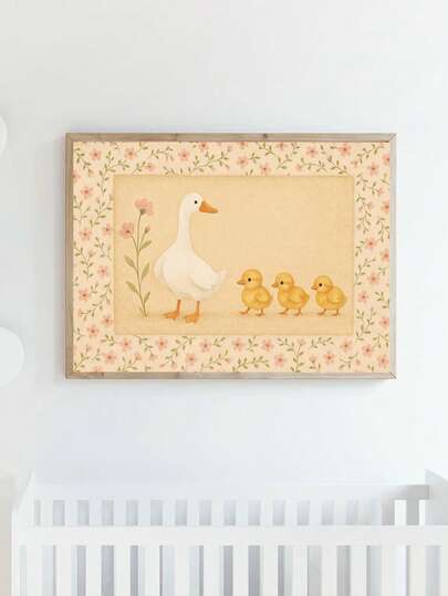 1pc, Canvas Wall Art, Framed Children's Room Wall Art, Vintage Duck Mom And Ducklings Design, Rustic Nursery Decor, Vintage Floral, Cartoon Animal Wall Decor, Art Print, Heartwarming Nursery Gift, Boy's Room Decor, Girl's Room Decor, Modern Bohemian Poster, Contemporary Nursery Poster, Room Decor, Bedroom Decor, Bathroom Decor, Playroom Decor, Preschool Poster, Baby Gift