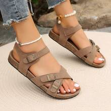 女士时尚舒适大码罗马凉鞋，适合户外度假和春夏穿搭 - 卡其色 - 查看 11