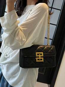 极简金属装饰链条单肩包，优雅PU皮革斜挎包，女士时尚手提包兼钱包 - 黑色 - 查看 2