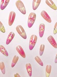 24Pcs/Set Almond-Shaped French Elegant 3D Ocean Style Starfish Waterdrop Flower Decor Full Coverage Press-On Nails With 1Pc Jelly Gel And 1Pc Nail File, Perfect For Romantic Daily Date Looks Nail Supplies Nails - 多色 8 - 查看 5