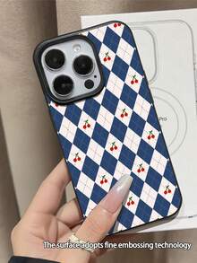 1件装 时尚个性化蓝色菱形格纹樱桃图案荔枝纹理防摔防滑软手机壳 兼容苹果手机 - 彩色 - 查看 2