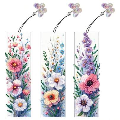 3pcs/Set DIY Diamond Painting Bookmarks - Floral Design, Multicolor Mosaic Decor